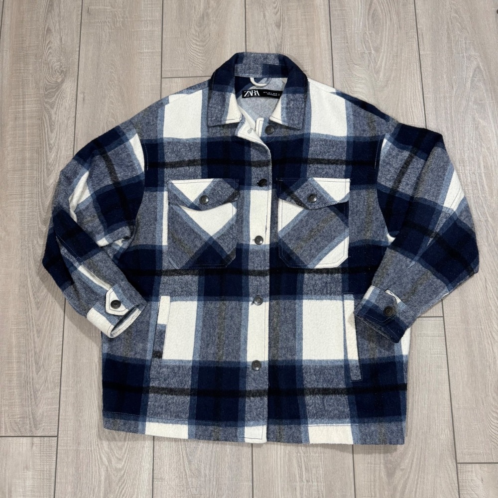 Zara Shacket Women S Blue White Plaid Flannel Button Up Shirt Jacket Oversized